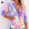 Tie Dye Zip-up Hoodie Pockets Drawstring Hooded Coat Casual Rainbow Hoodie Long Sleeve Plus Size Hoddies Top 210809