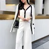 Moda Tasarımcısı Kore Zarif Örme 3 Parça Setleri Suits Kadın Yelek + Hırka Geniş Bacak Pantolon Vintage Office 210513