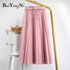 Beiyingni High Waist Women Skirt Casual Vintage Solid Belted Pleated Midi Skirts Lady 11 Colors Fashion Simple Saia Mujer Faldas 210721