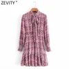 Zeefity Dames Sweet Agaric Kant Floral Print Casual A Line Jurk Femme Plooien Lange Mouw Boog Gebonden Chique Party Vestido DS4872 210603