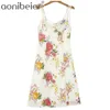 Mulheres verão floral impressão feriado sem mangas espaguete spaghetti strap joelho vestido de comprimento shirred de volta alta cintura chiffon 210604