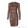 Women Pleated Dresses New Fashion Midi Skirt Sexy Slim Wrinkled High Collar Long Sleeve Dress Spring 2022