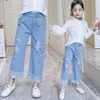 Jeans For Girl Hole Kids Cuffs Children's Spring Autumn Clothes 6 8 10 12 14 210527