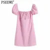 Mini robe à carreaux roses femmes été col carré manches courtes bouffantes femme es élastique dos mignon pour les filles 210519