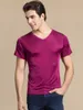 Suyadream Mężczyźni Podstawowa T Shirt Natural Silk V Neck Solidne Koszulki z krótkim rękawem Biały Czarny Szary Wiosna Lato Top 210716