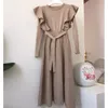 Autumn Ruffles Long-sleeved Female Knitted Sweater Dress Women Lace-up Slim Waist Long Christmas Casual Robe Vestidos 210514