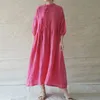 Johnature zomer katoen linnen comfortabel retro mode jurken losse knop driekwart mouw vrouwen lace-up jurken 210521