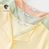 FANSILANEN Office Lady Casual Pink Green Yellow Shirt Female Summer Thin Sunscreen Long Sleeve V-neck Tops 210607