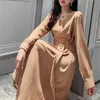 Kobiety Francuski Sukienka Jesień Retro Z Długim Rękawem Lace Up A-Line Elegancka Moda Prosta Solidna Średnia Dress 210506