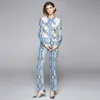 arrive Spring Fashion Designer Runway Suit Set Women's Long Sleeve Vintage Print Bowknot Tops + Pants Two Piece Set 210514