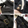 Women Black Patchwork Chiffon Sleeve Shawl Collar Blazer Female Gold Button Sashes Jacket Suit Long Coat Oversize Cardigan 210416