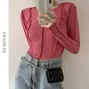 Yedinas Stile Coreano Top A Maniche Lunghe Aderente Maglietta Donna Blu Slim T Shirt Primavera Abiti Firmati Solid E Girl Tee 210527