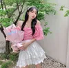 Verão dois pedaço conjunto mulheres coreano rosa xadrez slash camisa top + bolo branco mini saia casual elegante terno doce 210519