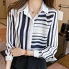 Koreaanse vrouwen shirts chiffon blouses voor lange mouwen vrouw gestreepte tops plus size print XXL 210427