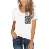 Kvinnors sommar T-shirt Kortärmad V-Neck Patchwork Leopard Skjorta Ficka Basic Kvinna T Shirt Camiseta Mujer 210522
