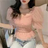 Summer Chiffon Blouses Short Sleeve Puff Sweet Solid Mesh Blosue Korean Style Super Top Female Ropa De Mujer 10026 210508