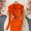 Casual Dresses Orange Long Sleeve Elasticity Bodycon Knitted Dress Women Autumn Winter V Neck Slim Sexy Split Midi Sweater Vestidos