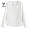 FANSILANEN V neck casual chiffon blouse shirt Women spring summer black long sleeve pull top Female letter print white 210607