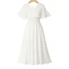 Vestidos Short Sleeve Plus Size Female Chiffon Dress Summer Backless V-Neck White Black Pink Apricot Midi 5080 50 210510