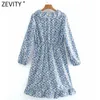 Zeefity Dames Sweet Agaric Kant V-hals Bloem Print Casual Slanke Jurk Femme Chic Hem Ruffles Merk Party Vestido Doek DS4675 210603