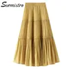Surmiitro mode sommar lång kjol kvinnor koreansk stil gul hög midja estetisk midi pläterad kjol kvinna 210712