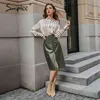 Sexig svartgrön Autumn Winter Women kjol elegant kontor pu läder kjol high street mode kvinnliga blyerts kjolar 210331