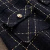 Blå Plaid Tweed Ull Kort + Ärmlös Vestdräkt Vinter Kvinnors Bow Pocket Jacket Set Ladies 2-Piece Dress 210416