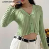 CHIC French Knitting Stripe Line Through Crop Knit Cardigan Sweater Retro Woman V neck Long Sleeve Jumper Candy color Knitwear 210429