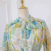 Spring Silk floral Printed Dress Female elastic waist Lantern sleeve button boho designer Dresses Woman clothing green 210603