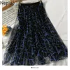 Neploe Plaid Printed Skirt Women Mid-length Gauze A-line Jupe Summer Elastic High Waist Faldas Korean Fashion Slim Saia 210422