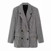 Foridol Vintage Plaid Long Blazer Veste Manteau Femmes Automne Hiver Poule Double Boutonnage Veste Manteau Noir Coupe-Vent 210415