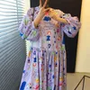 Kore Chic Puf Kol Gevşek Rahat Bayanlar Robe Yaz Baskılı Trendy Giyim Vestido Pist Elbise Mor 210510