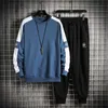 Märke Mens Tracksuits O-Neck Höst Vinter Sportkläder kostym + Casual 2 Piece Sportpants Trendy Patchwork Solid Pullover Man 210603