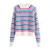 Evfer Chic Lady Fashion Colors Striped Print Knitted Short Pullover Autumn Winter Womens Za O-Neck Long Sleeve Casual Sweaters Y1110