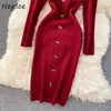 Neploe falten pilz patchwork quadrat collar bodycon kleider schick gestrickt kleid frauen herbst slim fit exquisite button vestidos 210423