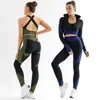 Seamless Tracksuit Women Bra Top And Legging Three Piece Set Fitness Outfits For Long Sleeve Jogging Femme Matching Sets 210930