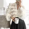 Bahar Kore Ruffles Bluz Kadın Moda Dönüş Yaka Uzun Kollu Gevşek Cupcake OL İş Gömlek Bayan Blusas Tops 13336 210527