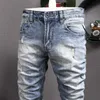 LY Designer Fashion Men Jeans Retro Light Blue Elastic Slim Fit Farted Hole Roading Vintage Rapide повседневные джинсовые штаны 28ds