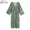 H.SA European och American Summer Wind Women's V-Neck Printed Midi Skirt Dress 1625 210716