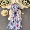 Singreiny Women Design Flower Dress Summer Puff Sleeve O Neck Ruched A-Line Dresses French Romantic Vacation Midi Long Dress 210419