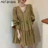 Primavera semplice scollo a V Vestido De Mujer Fold Design Loose Femme Robe Korea Chic Doll Dress per le donne 210506294K