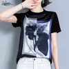 Summer Fashion O-Neck Silk Women Blouses Short Sleeve Print Shirt Tops and Plus Size Loose Clothes 10158 210427