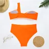 Sexy Women High Waist Swimsuit Solid Orange Pink Swimwear Female Bandeau Thong Brazilian Bikini Set Biquini Bathing Suit 210520