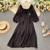 Chiffon Vestidos Bladerdeeg Mouw A-lijn Vintage Lente Lange Jurken Vierkante Neck Koreaanse Chic Woman Dress Elegant 210415