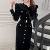 Automne hiver femmes robe de velours noir dame coréenne élégante à manches longues à manches longues robes minces avec ceinture robes féminines 210519