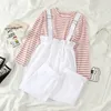 Neploe Fashion Women Two-piece Shirts Suspender Trousers Suit Cute Girls Casual Loose Striped Tops Lace Up Bib Pants Sets 1G694 210423