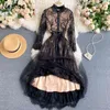 Sexy Lace Patchwork Hook Flower Temperament Dress Women High Waist Hip A Line Slim Vestidos Stand Collar Long Sleeve Robe Spring 210423