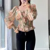 Fashion Chic Woman Shirt Female Spring Autumn Casual Vintage Bubble Sleeve Stretch Chiffon Lace Up Long Sleeve Top Women 210508