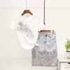 Zomer Fashion Kralen Borduurwerk T-shirt Pailletten Tassel Denim Rok Set Vrouwen Losse Witte Tee Short Jeans Rok Pak Vrouw 210730