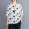 Été Arts Style Femmes Lâche O-Cou T-shirt Polka Dot Imprimer Coton Lin T-shirt Femme Vintage Tops Grande Taille M04 210512